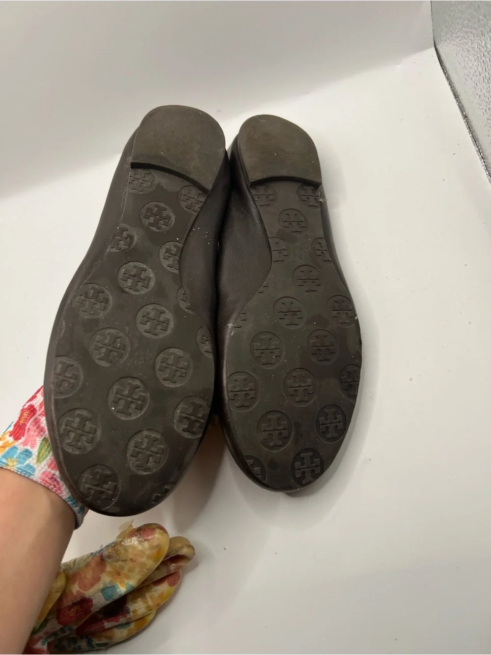 Tory Burch Dark Brown Leather Logo Ballet Flats with Gold Emblem